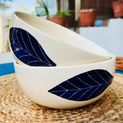 Patram Ceramic Serving Bowl Set Of 2 Pieces - 800ml Each, White & Blue | Hand Painted Large Dining Serving Bowls For Serving | Microwave Safe & Dishwasher Safe