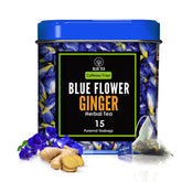 Blue Tea Blue Flower Ginger Herbal Tea - 15 Pyramid Tea Bags | Supports Overall Health & Well Being - Caffeine Free, Non-GMO, Antioxidant-Rich