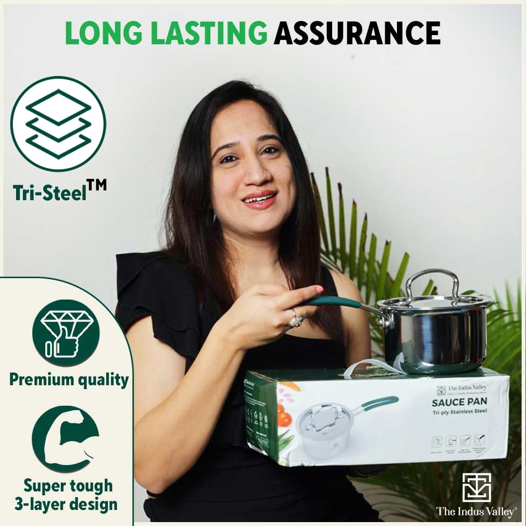 Triply Stainless Steel Sauce Pan Or Milk Pan With Steel Lid For 3-4 People | Medium, 19cm, 7.5 Inch, 2 Liters, 1.3 Kg - Induction Friendly, Nonstick 3-Layer Body, 100% Pure & Toxin-Free Triply Stainless Steel Sauce Pan Or Milk Pan With Steel Lid For 3-4 People | Medium, 19cm, 7.5 Inch, 2 Liters, 1.3 Kg - Induction Friendly, Nonstick 3-Layer Body, 100% Pure & Toxin-Free