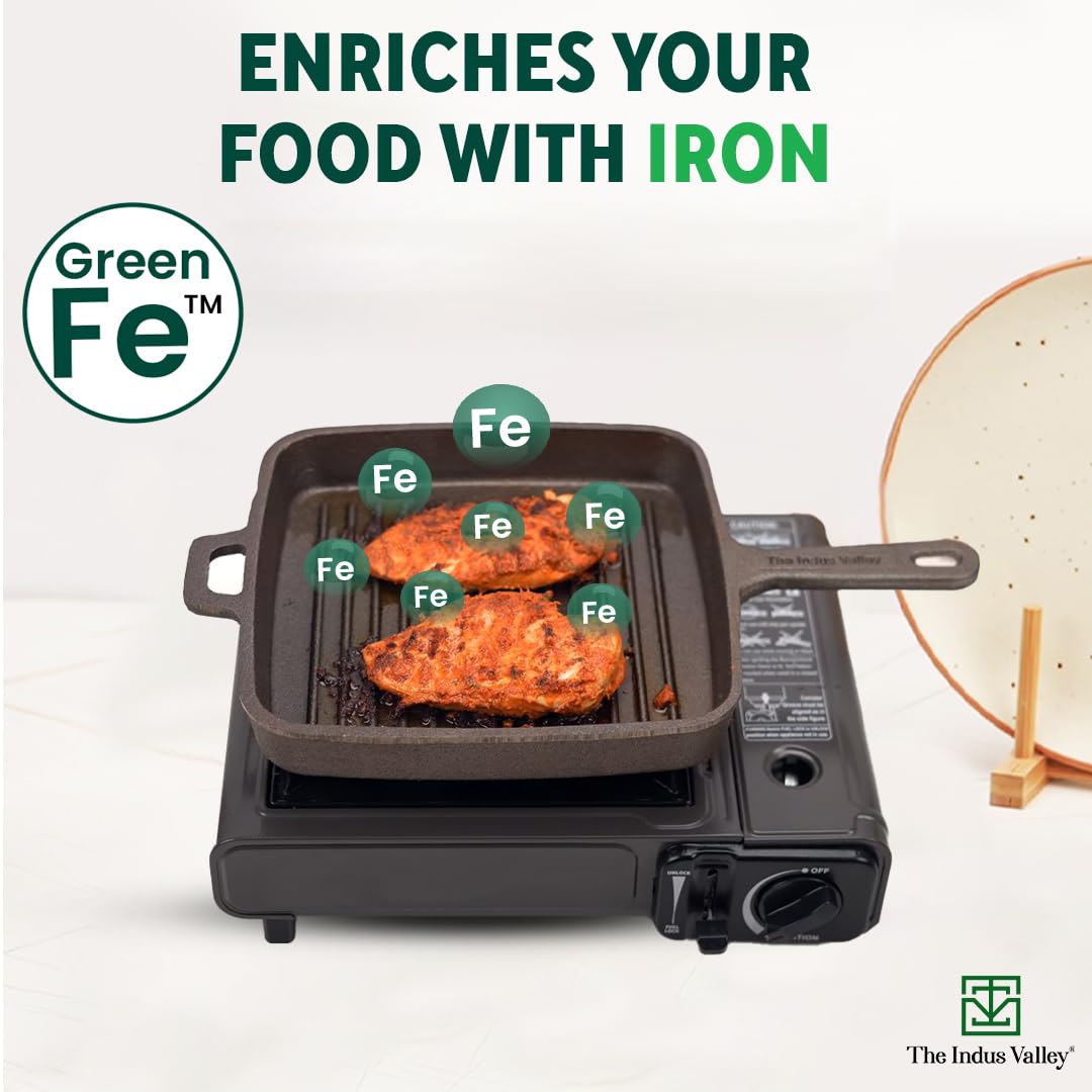 Pre-Seasoned Black Cast Iron Grill Pan With Long Handle - Medium, 25 Cm, 9.8 Inch, 1.5 Ltr, 3.4 Kg | Induction Friendly, 100% Pure & Toxin-Free, No Chemical Coating Pre-Seasoned Black Cast Iron Grill Pan With Long Handle - Medium, 25 Cm, 9.8 Inch, 1.5 Ltr, 3.4 Kg | Induction Friendly, 100% Pure & Toxin-Free, No Chemical Coating