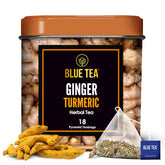 Blue Tea Caffeine Free Ginger Turmeric Herbal Tea - 18 Pyramid Tea Bags In Tin Pack | Enhances Immune System - Gluten Free, Non-GMO