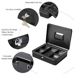 Locking Xtra Large Metal Cash Box With Money Tray, Lock Box, Colour - Black, Material - Metal, Special Feature - Portable