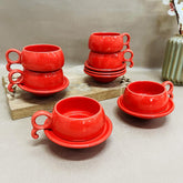 Red Peppy Ceramic Cups & Saucers Set Of 6 | Tea Cup Set Of 6 Cups + 6 Saucers For Tea, Coffee, Hot Drinks - 12 Pieces, 150ml, Microwave Safe
