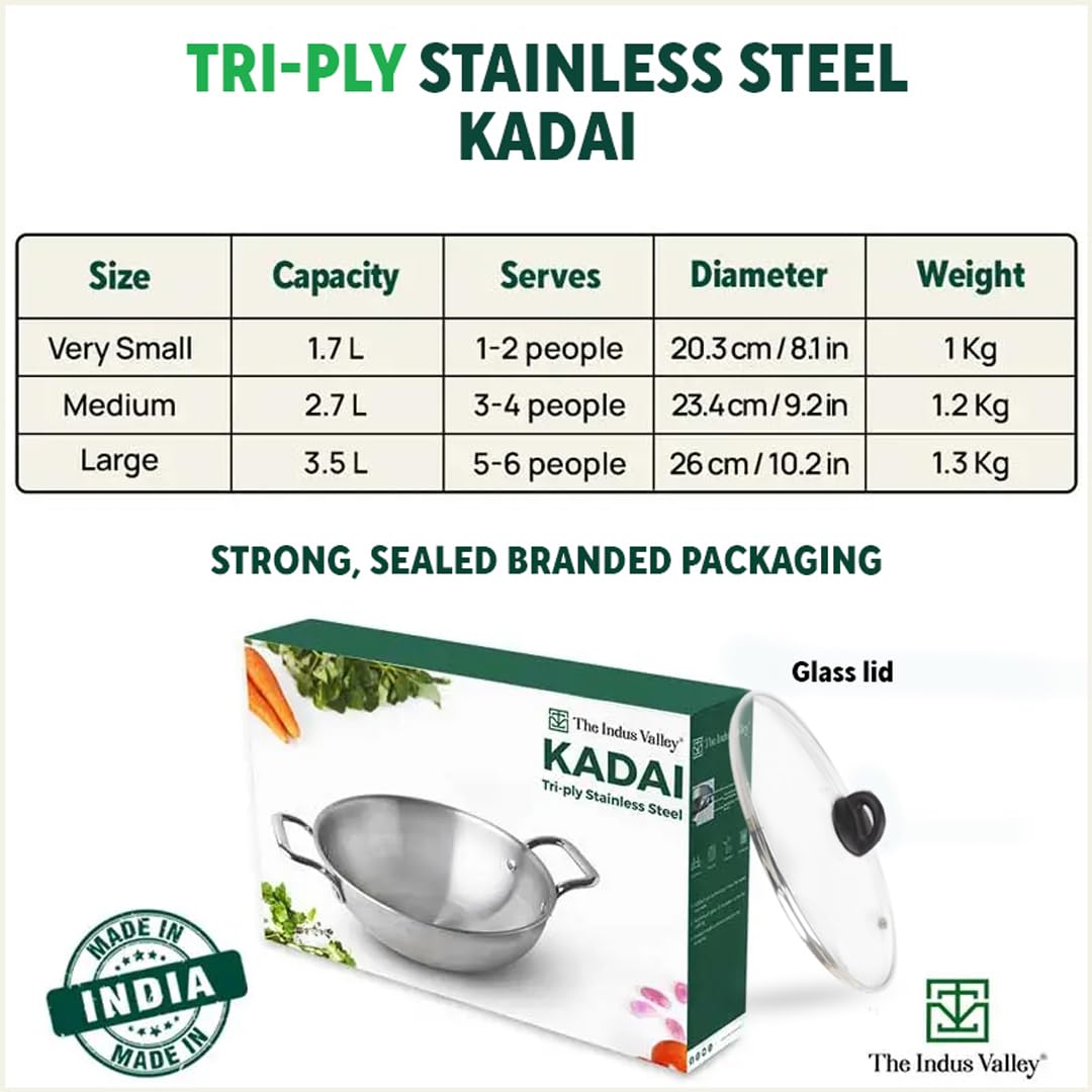 Triply Stainless Steel Kadai With Glass Lid For 3-4 People - Medium 23.4cm, 9.2 Inch, 2.7 Liters, 1.2 Kg | Induction Friendly, Nonstick 3-Layer Body, 100% Pure & Toxin-Free, No Chemical Coating Triply Stainless Steel Kadai With Glass Lid For 3-4 People - Medium 23.4cm, 9.2 Inch, 2.7 Liters, 1.2 Kg | Induction Friendly, Nonstick 3-Layer Body, 100% Pure & Toxin-Free, No Chemical Coating