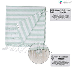 Homadorn 100% Cotton Striped Fouta Bath Towels 350 Gsm | Soft Quick Dry & Absorbent Hand-Knotted Tassels | Turkish Hamam Towel (Green - White)