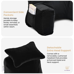 Backrest Pillow For Bed With Detachable Neck Rest & Support Arms - Black | Soft Reading Pillow, Back Support Wedge Pillow For Working, Seating & Relaxing In Bed, Adjustable Pillow
