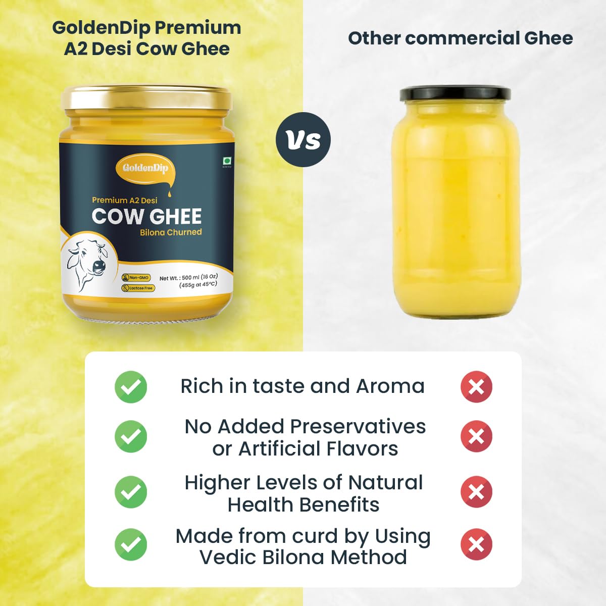 Organic Premium A2 Cow Desi Ghee By Goldendip | Bilona Churned Pure A2 Ghee Makes Your Food Tasty & Healthy | (500ml) 16.9 Ounce | Jar Pack Organic Premium A2 Cow Desi Ghee By Goldendip | Bilona Churned Pure A2 Ghee Makes Your Food Tasty & Healthy | (500ml) 16.9 Ounce | Jar Pack