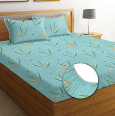 100% Microfiber Elastic Fitted Bedsheets With 2 Pillow Covers - 78x72+10 Inches, Sea Green | Double Bed With All Around Elastic Bedsheet