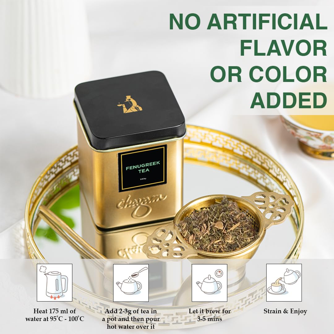 Chayam Fenugreek Tea - 100gm Tin, 3.5 Ounce | Herbal Tea Blended With Fennel, Fenugreek, Cumin, Ajwain, Licorice - Digestive & Relaxing Blend | Caffeine Free - Nursing Mother's Tea Chayam Fenugreek Tea - 100gm Tin, 3.5 Ounce | Herbal Tea Blended With Fennel, Fenugreek, Cumin, Ajwain, Licorice - Digestive & Relaxing Blend | Caffeine Free - Nursing Mother's Tea
