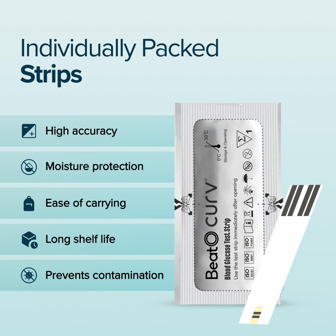 BeatO Curv Blood Glucose Test Strips | Glucometer Test Strips For Sugar Machine - 100 Test Strips Only BeatO Curv Blood Glucose Test Strips | Glucometer Test Strips For Sugar Machine - 100 Test Strips Only