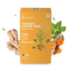 Teabox Turmeric Ginger Tulsi Green Tea - 100gm, 3.5 Ounce | Made With 100% Whole Leaf, Natural Ginger, Turmeric & Tulsi - Flavorful & Soothing Tea | Low Caffeine, 0% Bitterness