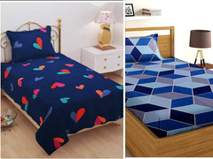 Combo 2 Single Bed With 2 Pillow Covers - 60 X 90 Inches, Blue | Premium Cotton Material - Skin Friendly & Long Lasting | Super Soft 300 Thread Count