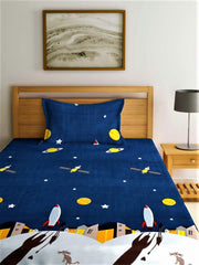 Single Bedsheet With One Matching Pillow Cover - 55 X 90 Inches, Blue | Microfiber Kids Galaxy Bedsheet | Normal Hand Wash Or Machine Wash