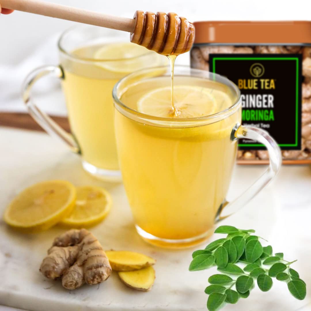 Blue Tea Caffeine Free Ginger Moringa Herbal Tea - 18 Pyramid Tea Bags In Tin Pack | Enhances Immune System - Gluten Free, Non-GMO Blue Tea Caffeine Free Ginger Moringa Herbal Tea - 18 Pyramid Tea Bags In Tin Pack | Enhances Immune System - Gluten Free, Non-GMO