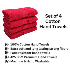 Stamio Cotton Hand Towel 800 Gsm | Soft, Absorbent, Quick Dry, Small Size Towels, Travel Friendly Towel (Red) - Set Of 4