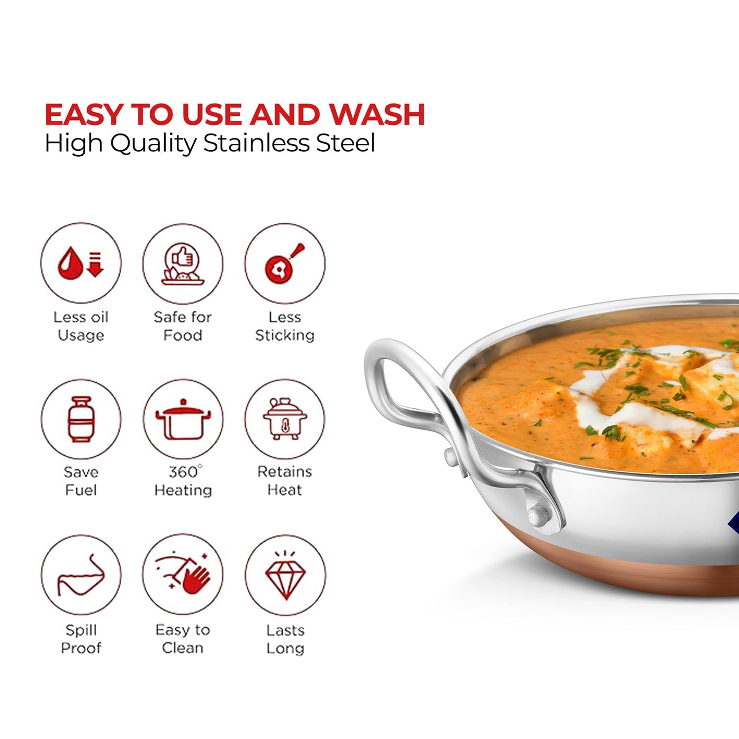 Silver Stainless Steel Kadhai With Copper Bottom - Pot Pans For Frying | Cookware Premium Heavy Gauge Steel Kadhai 1500ml Silver Stainless Steel Kadhai With Copper Bottom - Pot Pans For Frying | Cookware Premium Heavy Gauge Steel Kadhai 1500ml