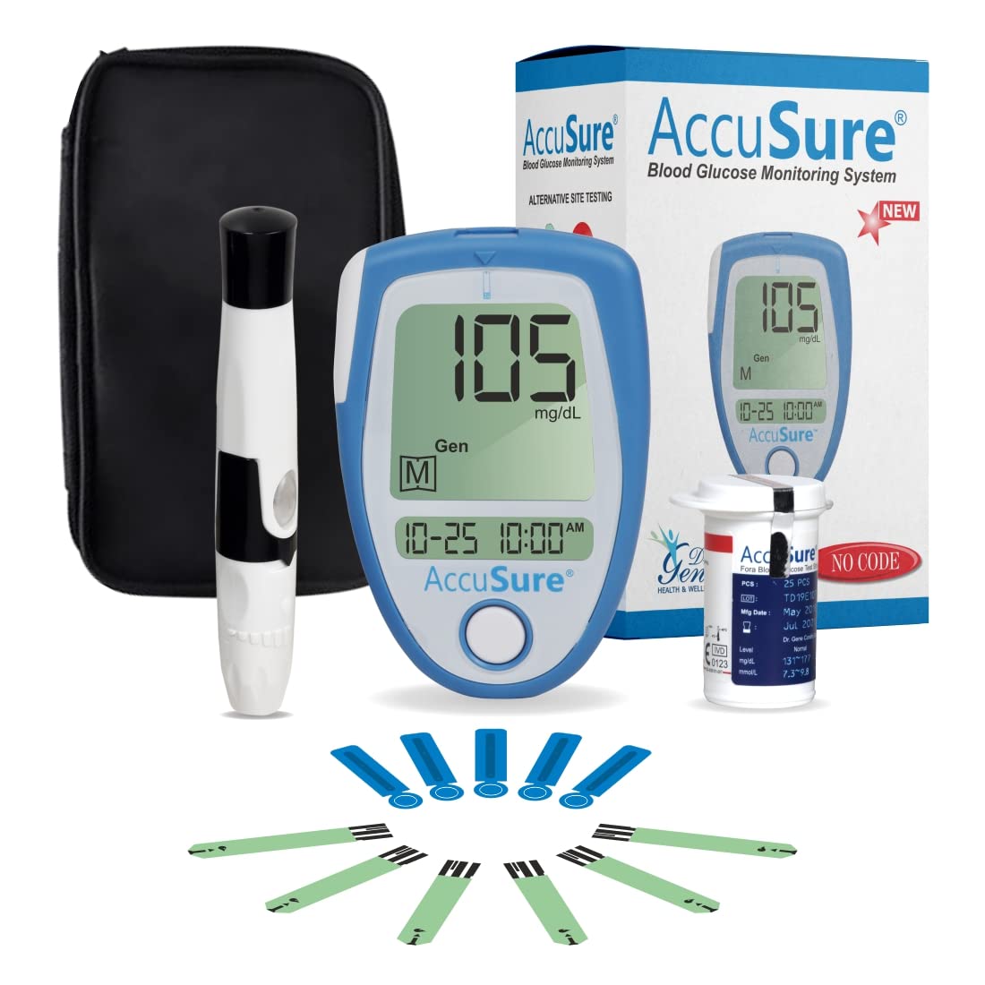 AccuSure Blood Glucose Monitoring System + Test Strips - 25 Strips, Multi Color AccuSure Blood Glucose Monitoring System + Test Strips - 25 Strips, Multi Color