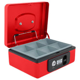 Imported Metal Cash Box With Dual Combination & Password Lock Medium Size Money Box For Cash, Jewellery Safe Locker With Removable Plastic Coin Tray, Colour - Red, Material - Metal