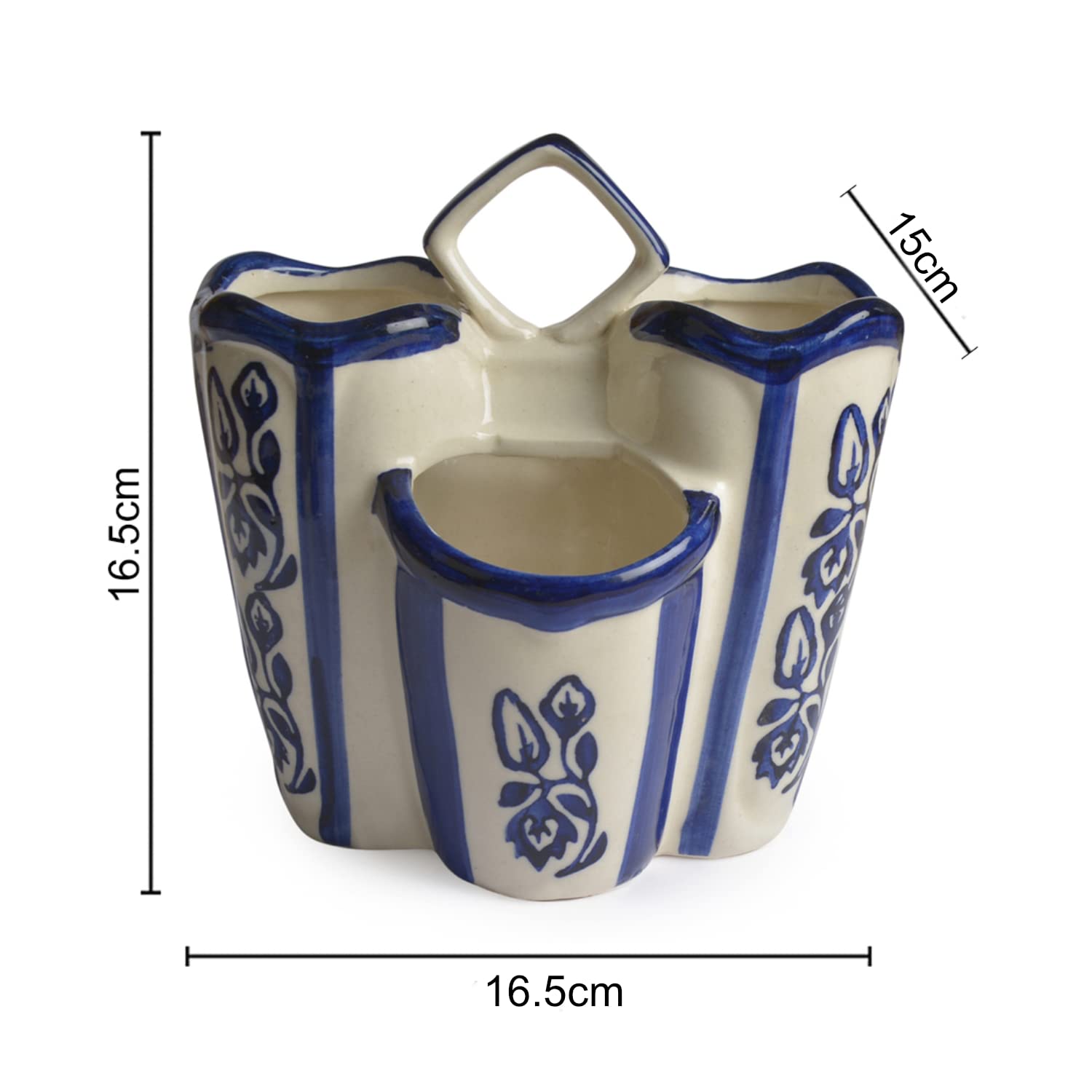 Hand Painted Blue Ceramic Kitchen Cutlery Stand - 3 Compartments | Pen Stand, Spoon Holder - Toothbrush Stand Hand Painted Blue Ceramic Kitchen Cutlery Stand - 3 Compartments | Pen Stand, Spoon Holder - Toothbrush Stand
