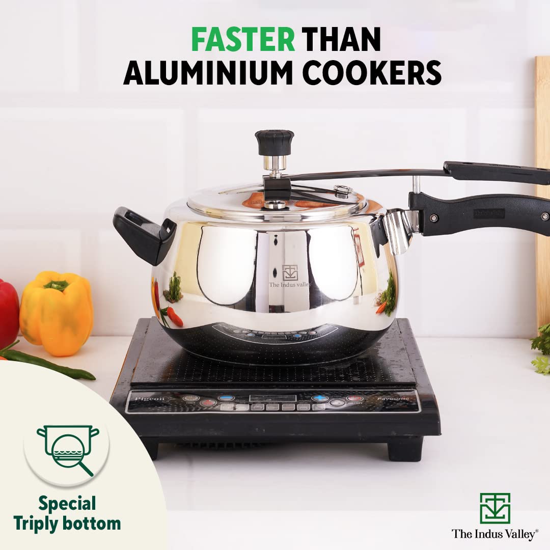 Inner Lid Stainless Steel Pressure Cooker 5 Liters With Tri-Ply Sandwich Bottom - ISI Certified, 5 Year Warranty Inner Lid Stainless Steel Pressure Cooker 5 Liters With Tri-Ply Sandwich Bottom - ISI Certified, 5 Year Warranty