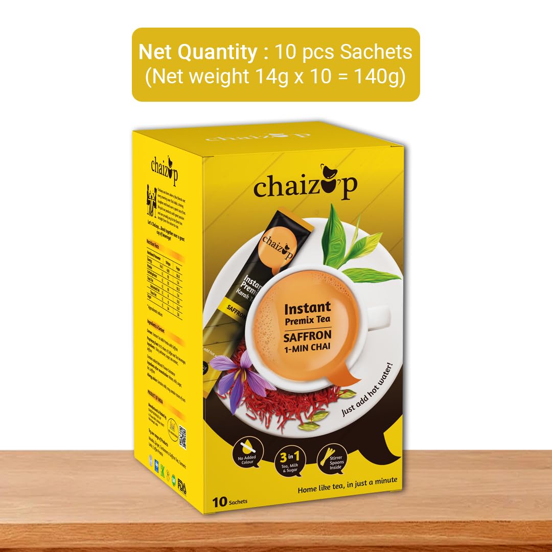 Chaizup Premium 1 Min Instant Saffron Tea Premix - 140gm, 4.9 Ounce, 10 Sachets | Instant Kesar Chai Powder - Just Add Hot Water | Low Caffeine Chaizup Premium 1 Min Instant Saffron Tea Premix - 140gm, 4.9 Ounce, 10 Sachets | Instant Kesar Chai Powder - Just Add Hot Water | Low Caffeine