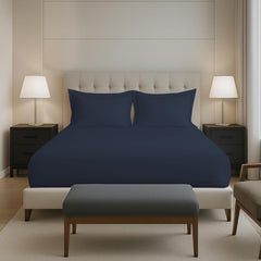 Plain Cotton Elastic Fitted Bedsheets Queen Size Two Pillow Cover - 63 X 78 Inches, Dark Blue | Breathable & Smooth Bedding Wrinkles | Elegant Hotel Like Look