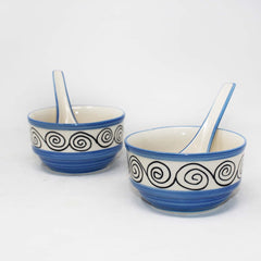 Blue Swirl Hand Painted Handled Ceramic Soup Bowls With Spoons Set Of 4 - 220ml Each | Serving Bowls With Matching Spoons | Ceramic Soup Cups - 4 Pieces, Microwave Safe & Dishwasher Safe