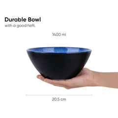 Ceramic Large Serving Bowls Set Of 1 Pc - 1400ml, Blue Reactive | Premium Ceramic Bowl - Large Size | Microwave Safe Bowl - Bowl Set With Glossy Finish | Ceramic Bowl