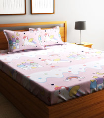 Microfiber Kids Unicorn Elastic Fitted Double Bedsheet With 2 Pillow Covers | 90 X 90 Inches, Baby Pink | Normal Hand Wash Or Machine Wash
