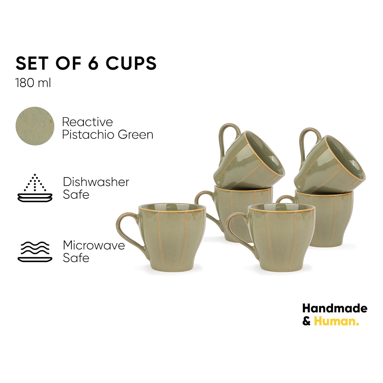 Ceramic Line Tea Cups Set Of 6 - Pista Green, 180ml Each | Tea Cup Set Of 6 - Premium Porcelain Tea Set | Ceramic Tea Cup With Glossy Finish - Small Cups For Tea | Line Tea Cup Only Ceramic Line Tea Cups Set Of 6 - Pista Green, 180ml Each | Tea Cup Set Of 6 - Premium Porcelain Tea Set | Ceramic Tea Cup With Glossy Finish - Small Cups For Tea | Line Tea Cup Only