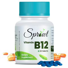 Sprowt Plant Based Methylcobalamin (90%) Vitamin B12 Supplements , Good For Digestion And Nerve Health | 30 Tablets , 50gm 0.1lbs