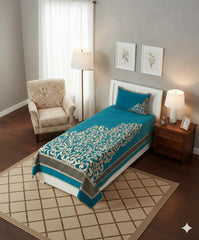 Floral Velvet Bedsheet For Single Bed With 1 Pillow Cover-60 X 90 Inches, Aqua & Beige | Bedsheet Provides A Soft & Comfortable Feel To Your Skin