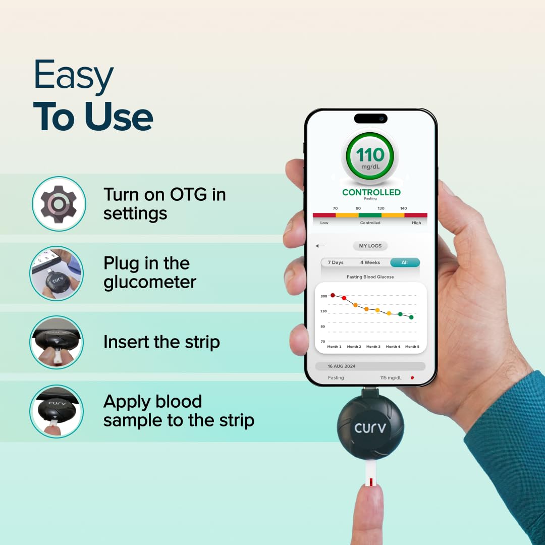 Beato Curv Sugar Test Machine | FREE 50 Strips & 50 Lancets (Type-C USB Connector) | Simple & accurate testing of Blood sugar levels at home |Smartphone Connected Glucometer Machine | Android only | ISO Certified: Made in India Beato Curv Sugar Test Machine | FREE 50 Strips & 50 Lancets (Type-C USB Connector) | Simple & accurate testing of Blood sugar levels at home |Smartphone Connected Glucometer Machine | Android only | ISO Certified: Made in India