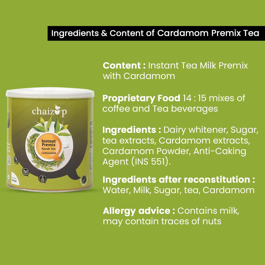 Chaizup Premium 1 Min Instant Cardamom Tea Premix - 500gm Can, 17.6 Ounce | Just Add Hot Water - Assam Elaichi Chai Powder | Low Caffeine Home Like Tea Chaizup Premium 1 Min Instant Cardamom Tea Premix - 500gm Can, 17.6 Ounce | Just Add Hot Water - Assam Elaichi Chai Powder | Low Caffeine Home Like Tea