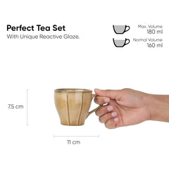 Ceramic Line Tea Cups Set Of 6 - Beige Reactive, 180ml Each | Tea Cup Set Of 6 - Premium Porcelain Tea Set | Ceramic Tea Cup With Glossy Finish - Small Cups For Tea | Line Tea Cup Only