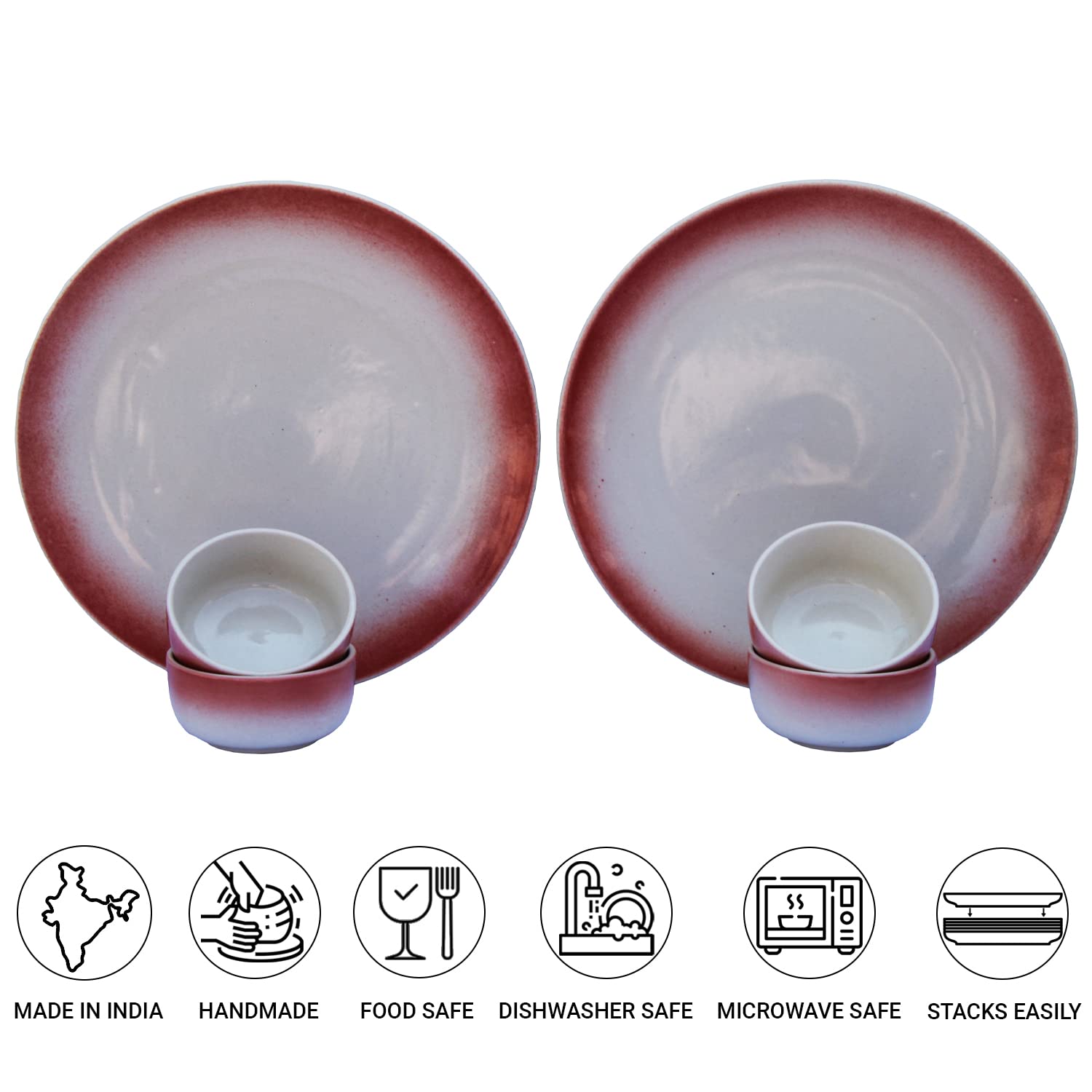 Handcrafted Ceramic Stoneware Dinner Set - Pack Of 6 Pcs, Off White & Red | 2 Dinner Plates, 10 Inch Each + 4 Dinner Katori, 180ml Each - Microwave & Dishwasher Safe Handcrafted Ceramic Stoneware Dinner Set - Pack Of 6 Pcs, Off White & Red | 2 Dinner Plates, 10 Inch Each + 4 Dinner Katori, 180ml Each - Microwave & Dishwasher Safe