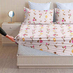 Cotton Fitted Bedsheets With 2 Matching Pillow Covers For King Bed | Size 78x72+10 Inches, Peach & Pink - Soft, Durable & Wrinkle Free | Ideal For Daily Use