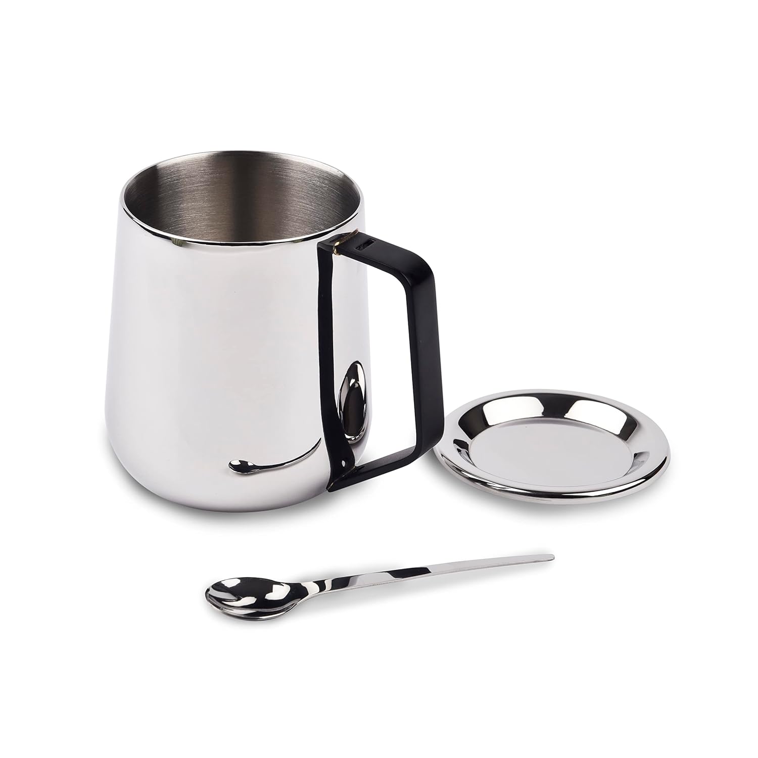 Stainless Steel Mug With Spoon & Lid - Bliss Series, Chrome & Black | Morning Drinking Cup - Ideal For Hot & Cold Drinks | Serve Ware & Tableware - Dishwasher Safe Stainless Steel Mug With Spoon & Lid - Bliss Series, Chrome & Black | Morning Drinking Cup - Ideal For Hot & Cold Drinks | Serve Ware & Tableware - Dishwasher Safe