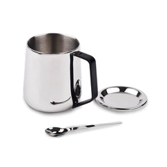 Stainless Steel Mug With Spoon & Lid - Bliss Series, Chrome & Black | Morning Drinking Cup - Ideal For Hot & Cold Drinks | Serve Ware & Tableware - Dishwasher Safe