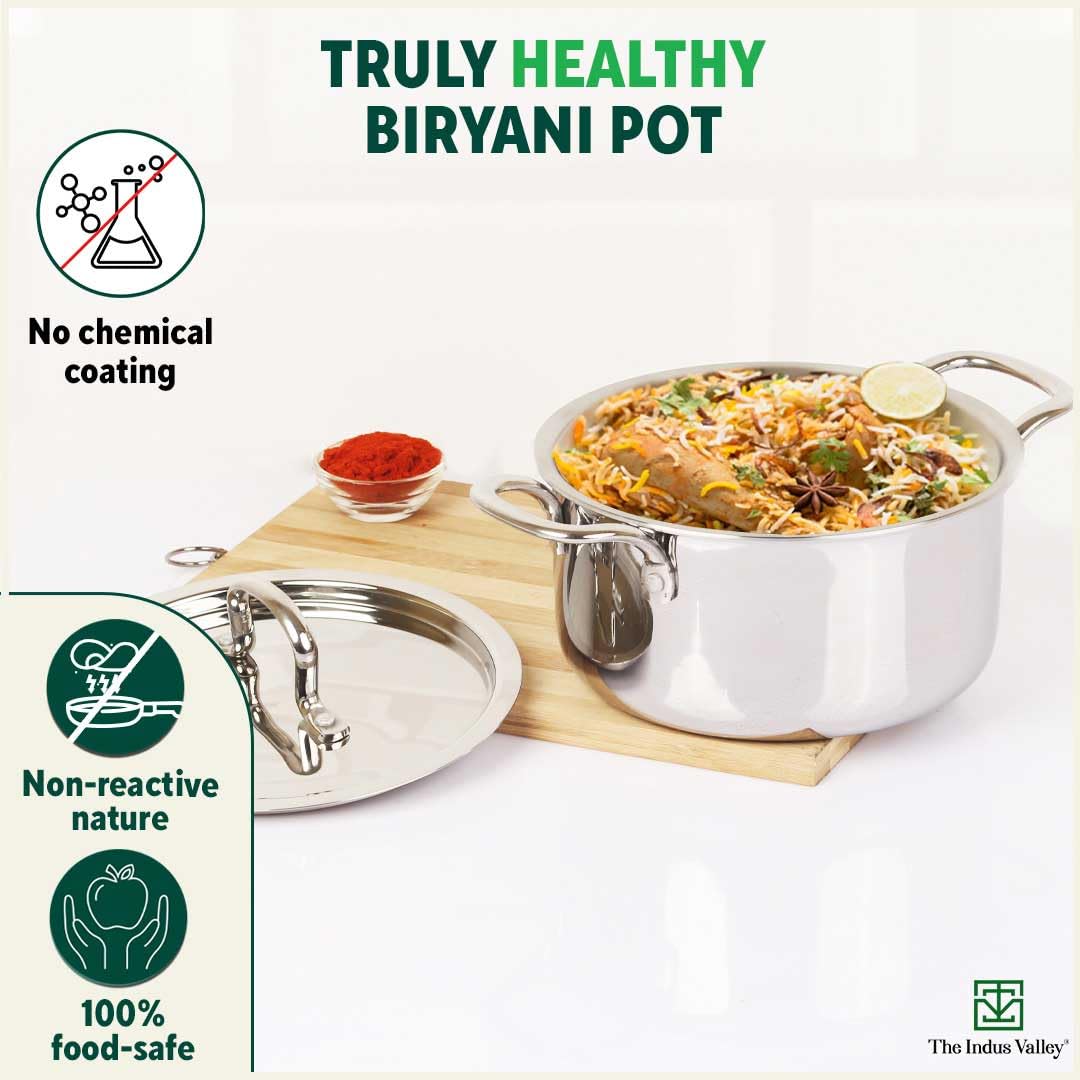 Triply Stainless Steel Stock Pot Or Casserole With Steel Lid | Very Small, 20cm, 7.8 Inch, 2.1 Liters, 1.3 Kg - Induction Friendly, Nonstick 3-Layer Body, 100% Pure & Toxin-Free Triply Stainless Steel Stock Pot Or Casserole With Steel Lid | Very Small, 20cm, 7.8 Inch, 2.1 Liters, 1.3 Kg - Induction Friendly, Nonstick 3-Layer Body, 100% Pure & Toxin-Free