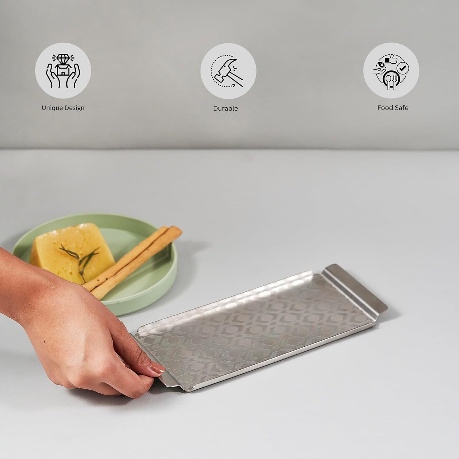 Designer Chrome Stainless Steel Small Tray - Ikat Series, Matt Finish | Corporate Gifting For Diwali - Multipurpose Serving Platter | Premium Serve Ware, Dinnerware & Tableware Designer Chrome Stainless Steel Small Tray - Ikat Series, Matt Finish | Corporate Gifting For Diwali - Multipurpose Serving Platter | Premium Serve Ware, Dinnerware & Tableware