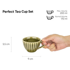 Ceramic Tea Cup Set Of 6 - Mehndi Green, 200ml Each | 6 Tea Cups With Glossy Finish - Premium Stoneware Tea Set | Ceramic Tea Cup Set - Tea Cups Only | Microwave Safe & Dishwasher Safe