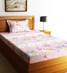 Kids Unicorn Single Bedsheet With 1 Pillow Cover - 55 X 86 Inches, Baby Pink | Durable, Long Lasting Fabric | Soft To Touch And Comfortable