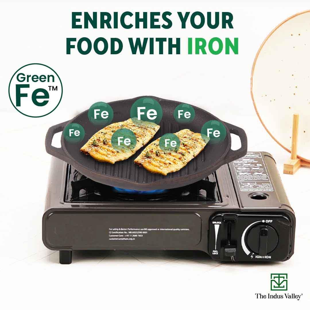 Pre-Seasoned Black Cast Iron Round Grill Pan With Double Handle - Medium, 26.7 Cm, 10.5 Inch, 0.6 Liters, 2.1 Kg | Induction Friendly, 100% Pure & Toxin-Free, No Chemical Coating Pre-Seasoned Black Cast Iron Round Grill Pan With Double Handle - Medium, 26.7 Cm, 10.5 Inch, 0.6 Liters, 2.1 Kg | Induction Friendly, 100% Pure & Toxin-Free, No Chemical Coating