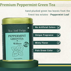 Tea And Twigs Peppermint Green Tea - 30gm, 1.05 Ounce, 15 Pyramid Teabags | Wellness Boost, Superfood Medicinal Tea - Caffeine Free