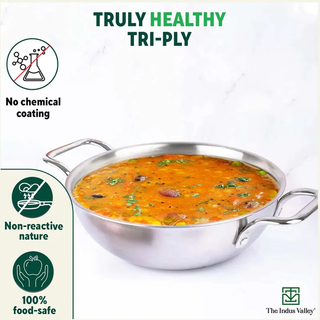 Triply Stainless Steel Kadai With Glass Lid For 3-4 People - Medium 23.4cm, 9.2 Inch, 2.7 Liters, 1.2 Kg | Induction Friendly, Nonstick 3-Layer Body, 100% Pure & Toxin-Free, No Chemical Coating Triply Stainless Steel Kadai With Glass Lid For 3-4 People - Medium 23.4cm, 9.2 Inch, 2.7 Liters, 1.2 Kg | Induction Friendly, Nonstick 3-Layer Body, 100% Pure & Toxin-Free, No Chemical Coating