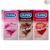 Durex Extra Thin Flavoured Condoms, 12s, Pack Of 3 (Bubblegum + Chocolate + Strawberry)