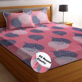 100% Microfiber Elastic Fitted Bedsheets For Queen Size With 1 King Size Pillow Covers | Size - 78 X 72+10 Inches, Pink & Grey | Double Bed With All Around Elastic