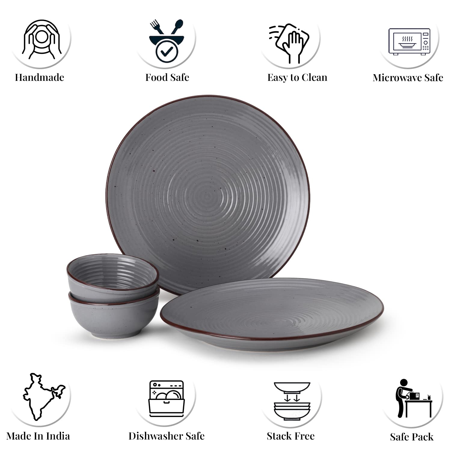 Hand Painted Ceramic Dinner Set Of 12 Pieces Dinnerware Set - Grey | Set Of 6 Dinner Plates + 6 Dinner Katori, 180ml Each - Microwave & Dishwasher Safe Hand Painted Ceramic Dinner Set Of 12 Pieces Dinnerware Set - Grey | Set Of 6 Dinner Plates + 6 Dinner Katori, 180ml Each - Microwave & Dishwasher Safe