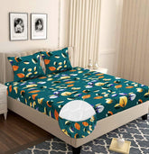 Cotton Elastic Fitted Bedsheets With 2 Pillow Covers Double Bed All Around Elastic Sheet Leaf Print | 72 X 78 +10 Inches, Dark Green-Breathable & Skin-Friendly Bedsheet
